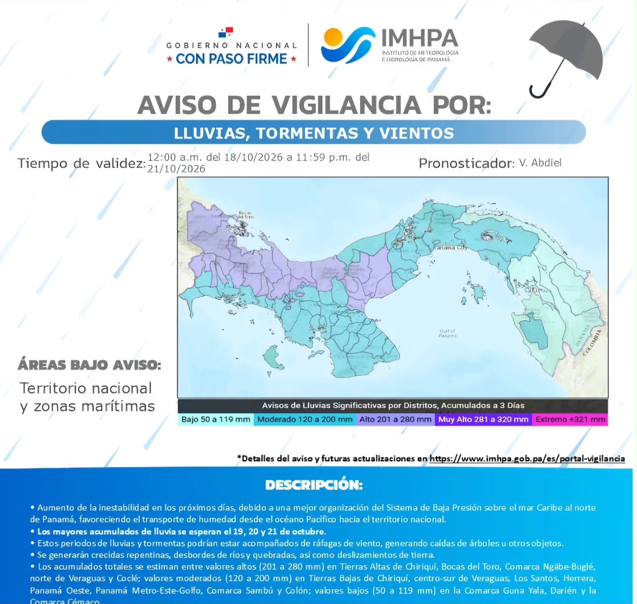 Sinaproc informa se extiende la prevención por lluvias en todo el país.
